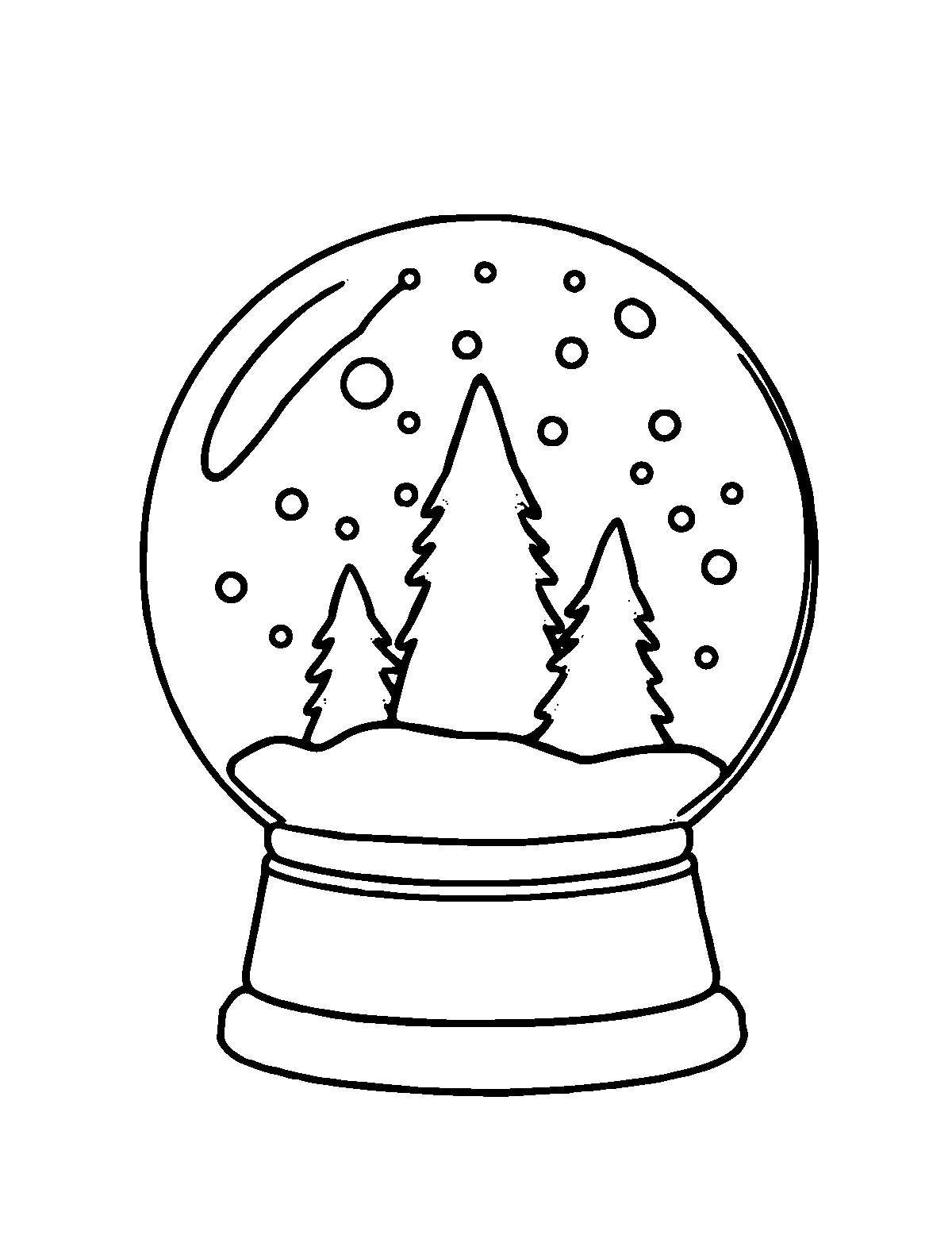 Line-art coloring page of Snow Globe, thick outlines, centered