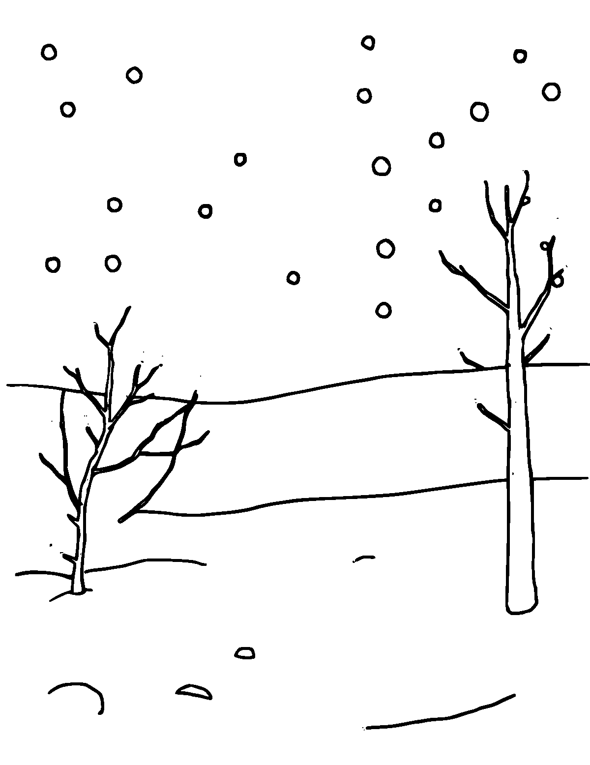 Line-art coloring page of Snow Scene, medium outlines, centered