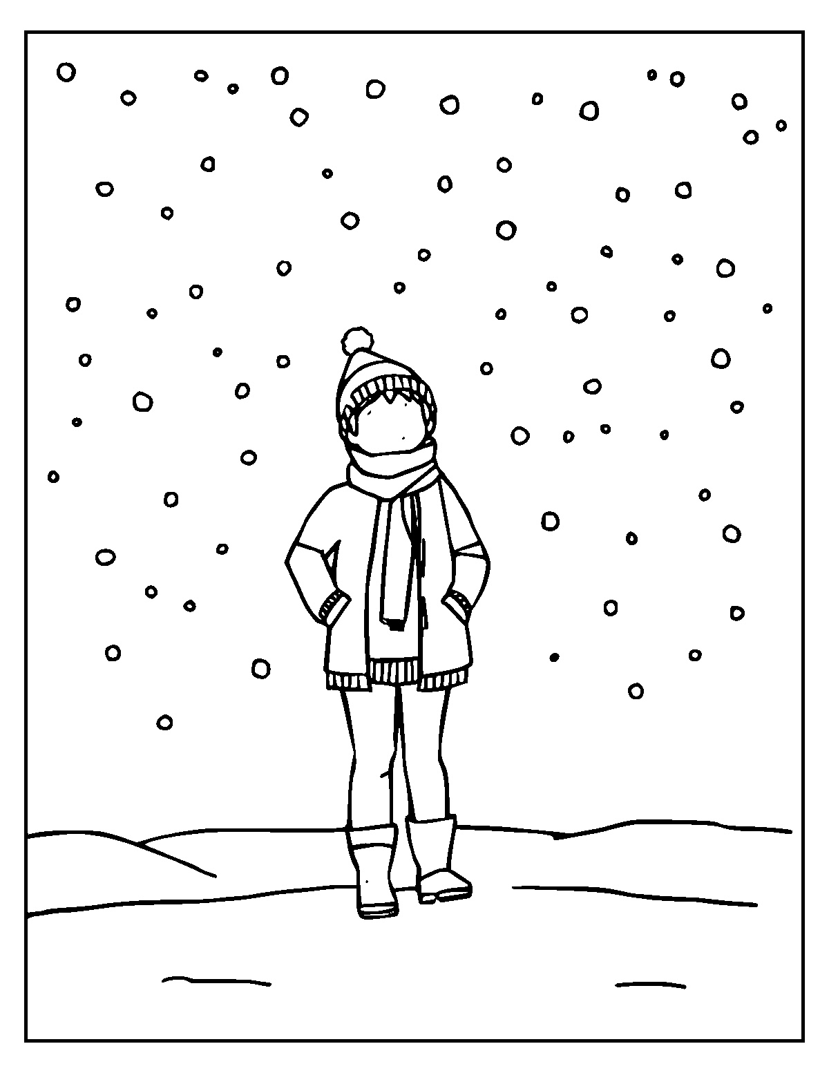 Line-art coloring page of Snow Storm, medium outlines, centered