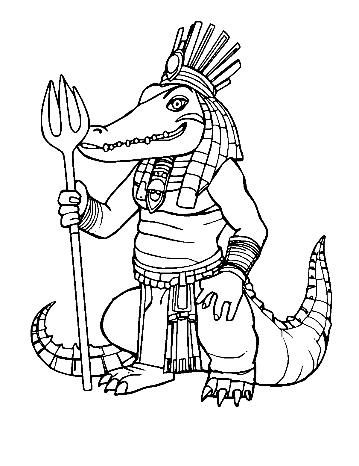 Line-art coloring page of Sobek the Crocodile God, medium outlines, centered