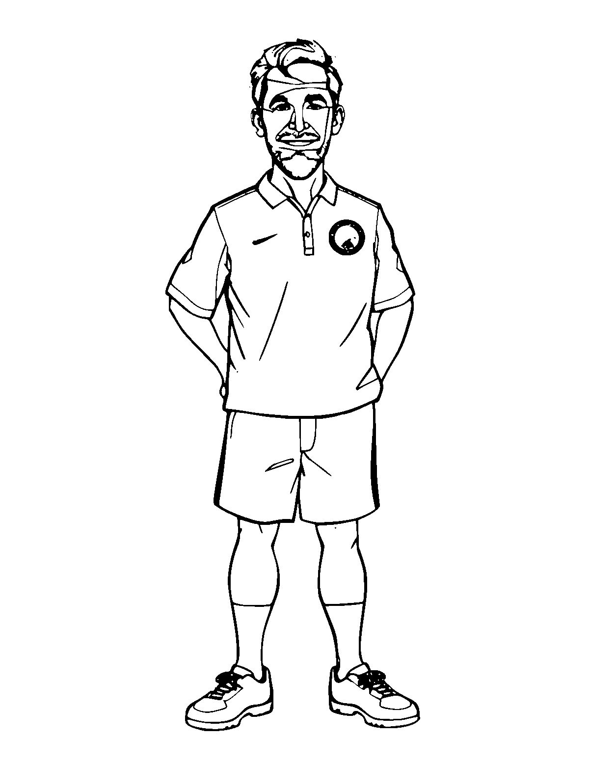Line-art coloring page of Soccer Coach, medium outlines, centered