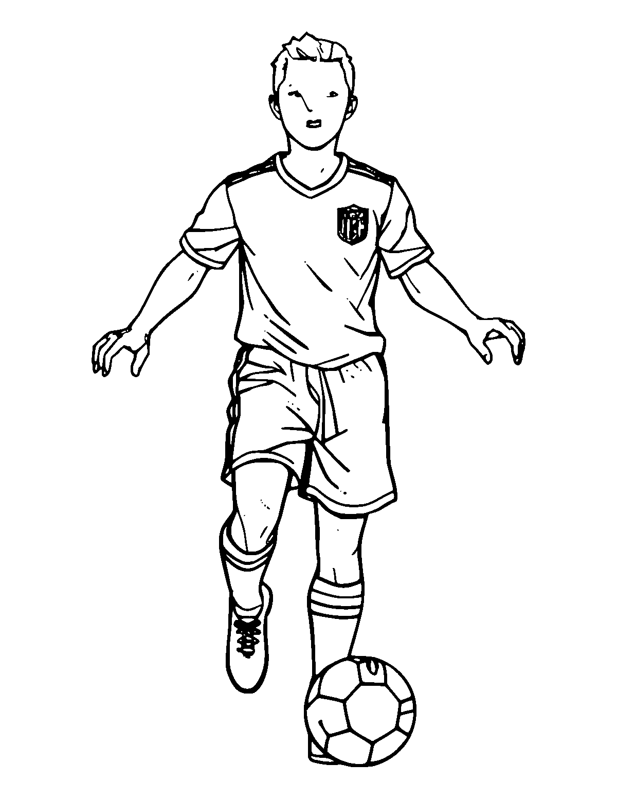 Line-art coloring page of Soccer Player, medium outlines, centered