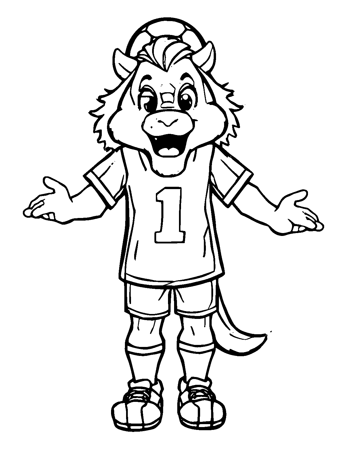 Line-art coloring page of Soccer Team Mascot, medium outlines, centered