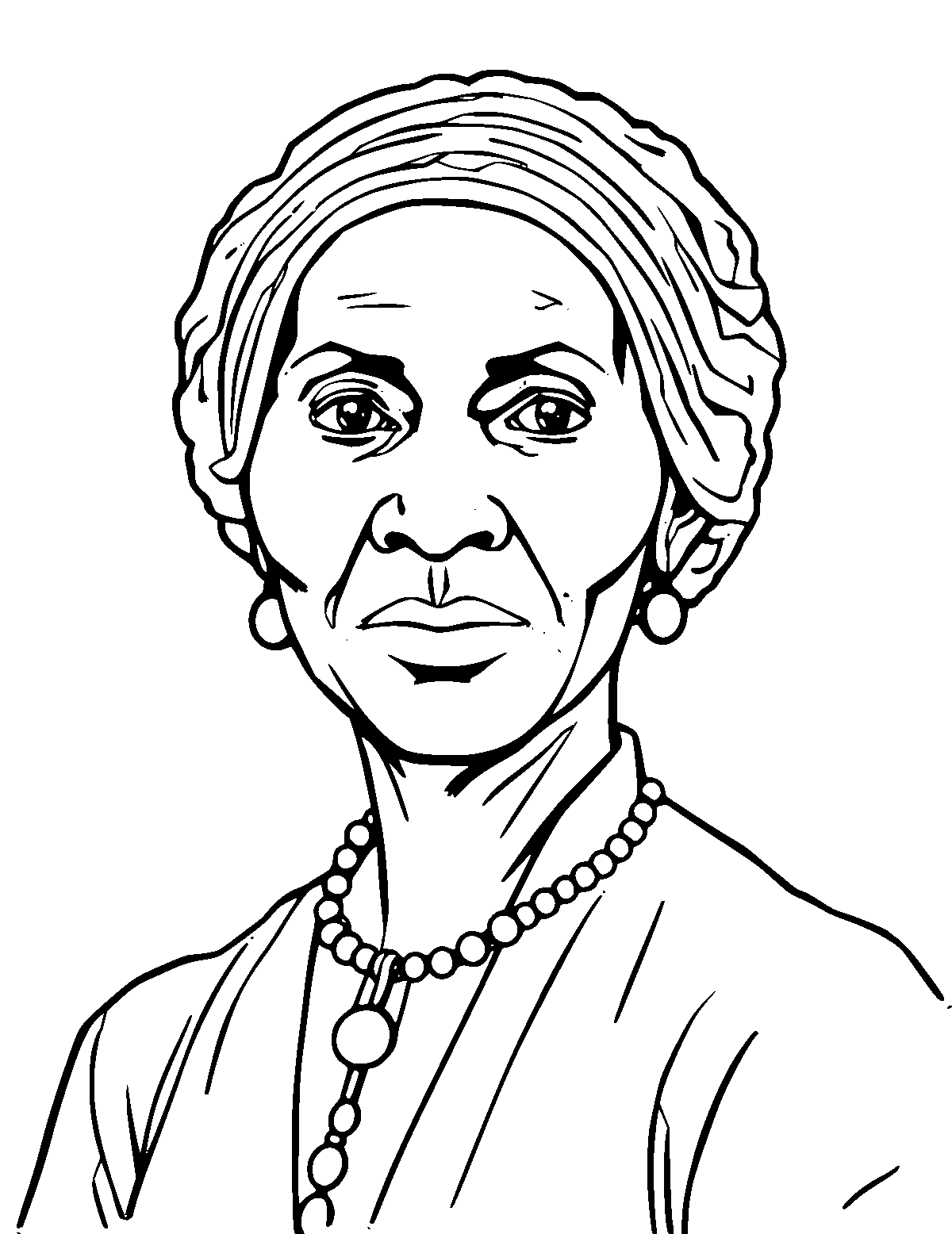 Line-art coloring page of Sojourner Truth, medium outlines, centered