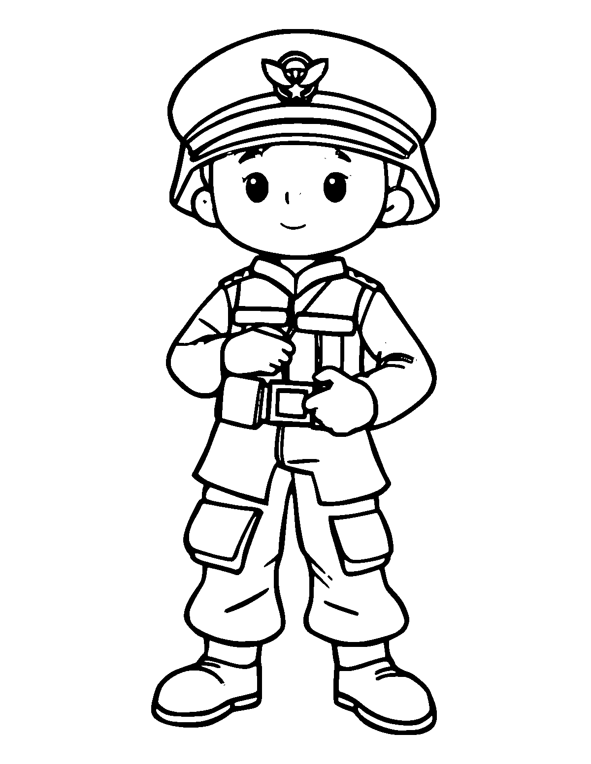 Line-art coloring page of Soldier, thick outlines, centered