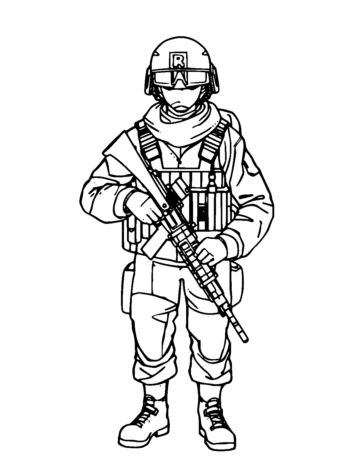 Line-art coloring page of Soldier, medium outlines, centered