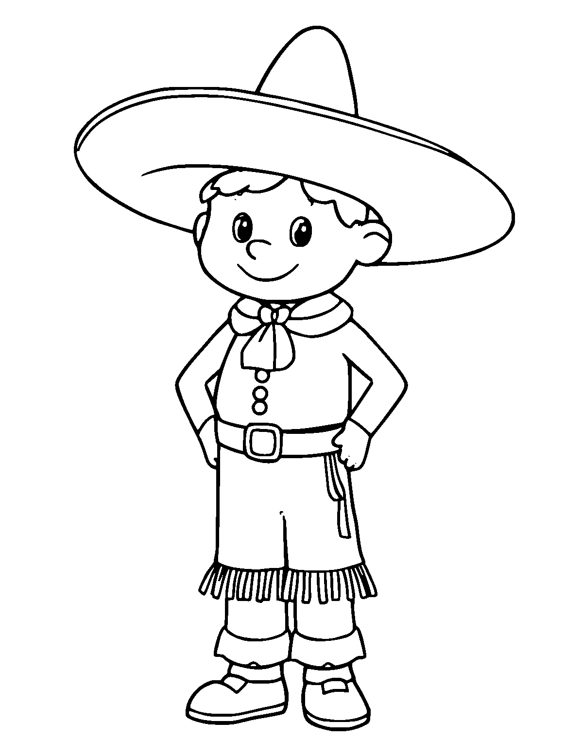 Line-art coloring page of Sombrero and Charro Suit, medium outlines, centered