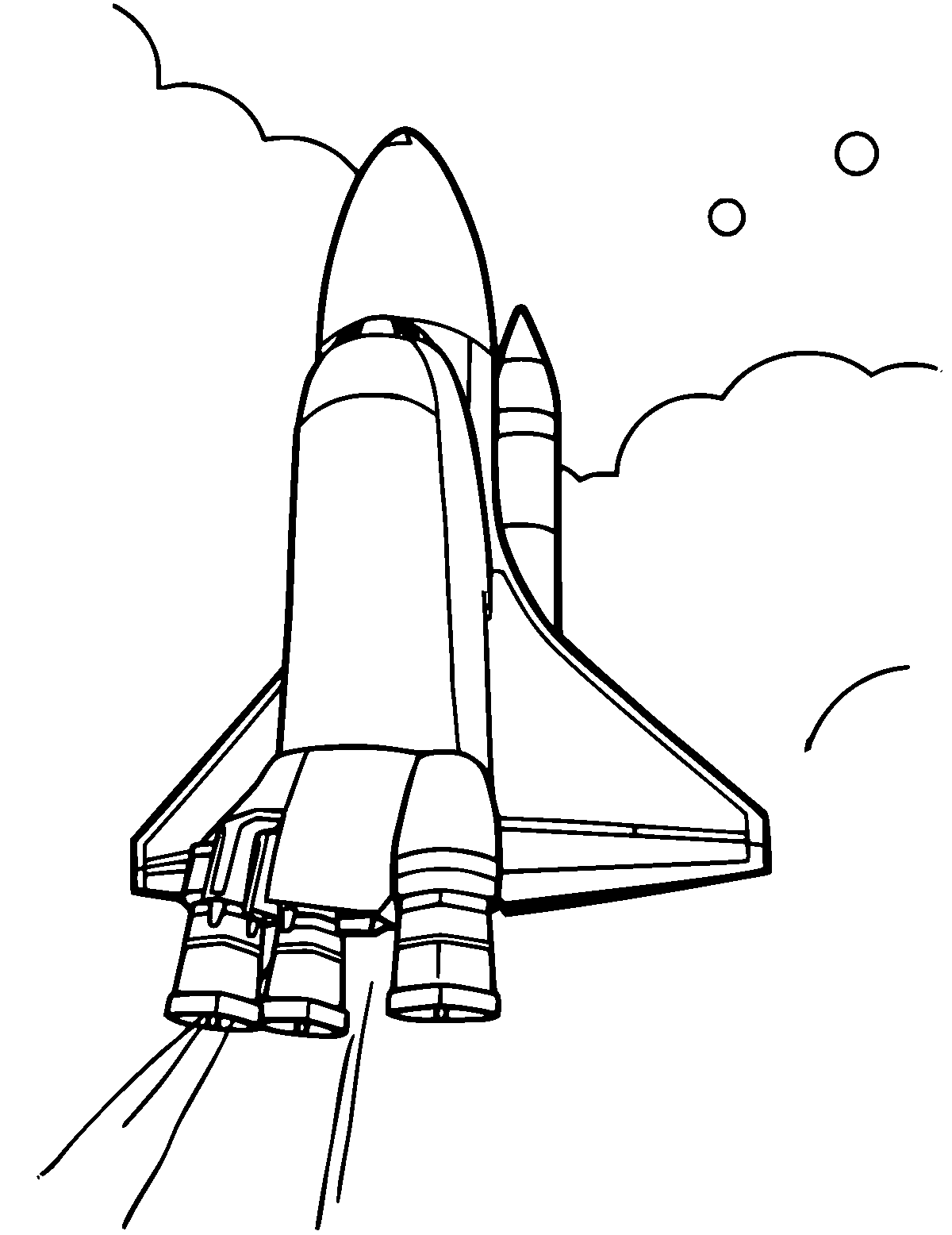 Line-art coloring page of Space Shuttle, medium outlines, centered