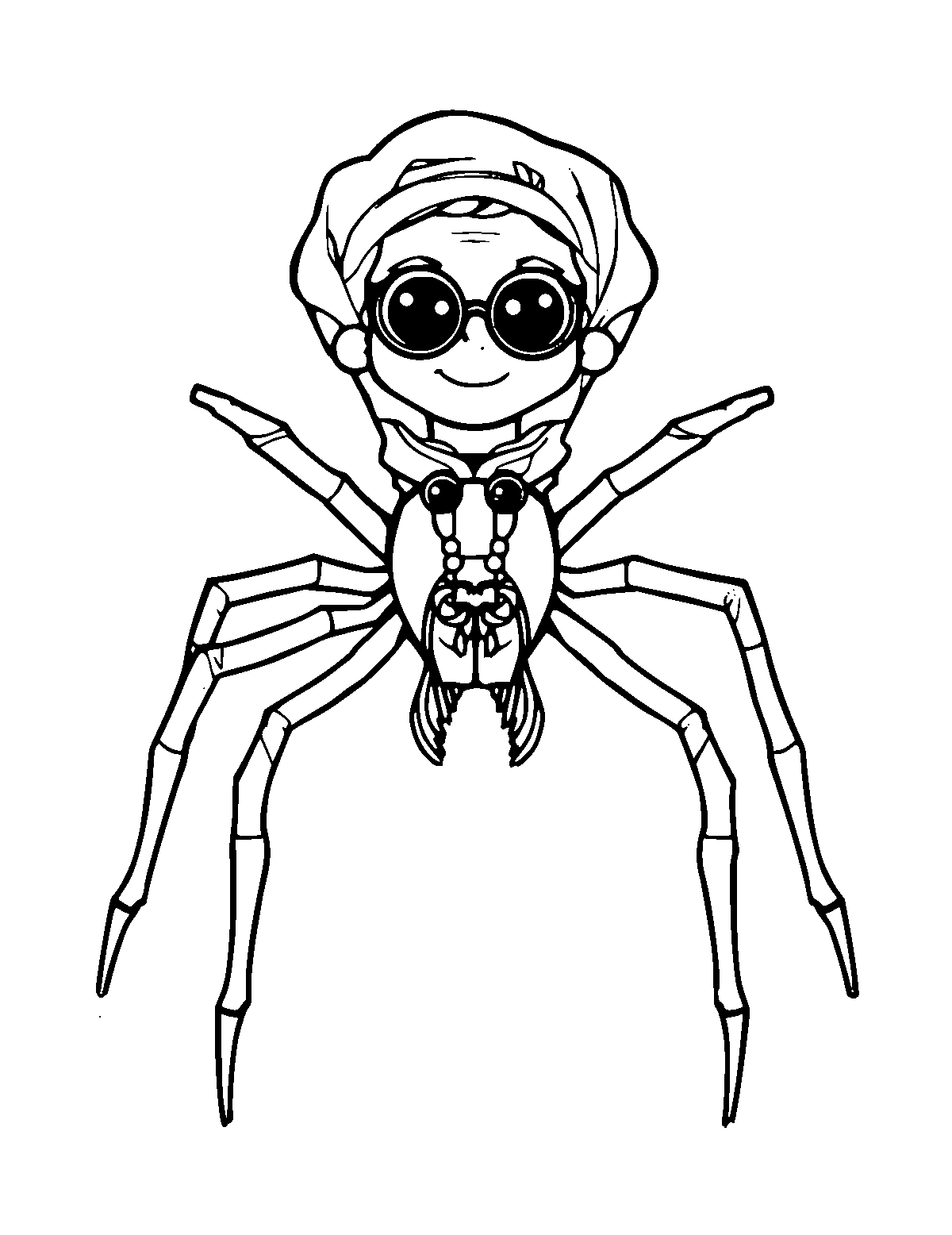Line-art coloring page of Spider Grandmother, medium outlines, centered