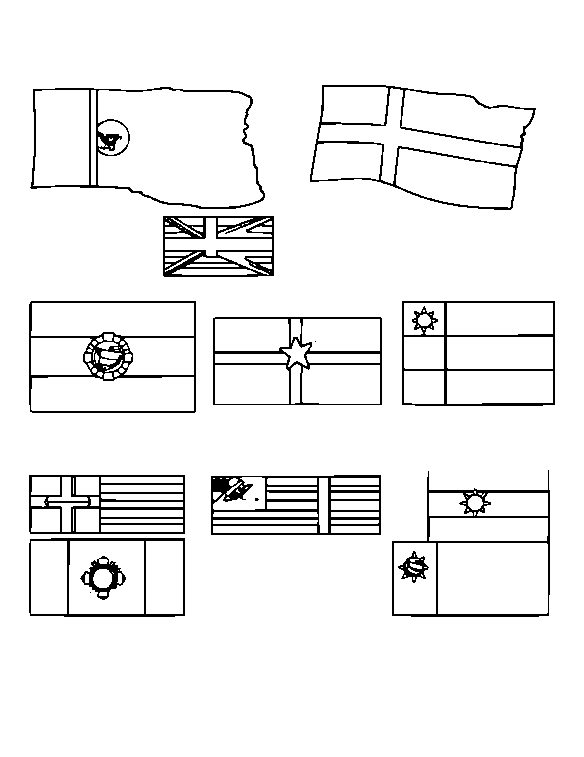 Line-art coloring page of State Flags, medium outlines, centered
