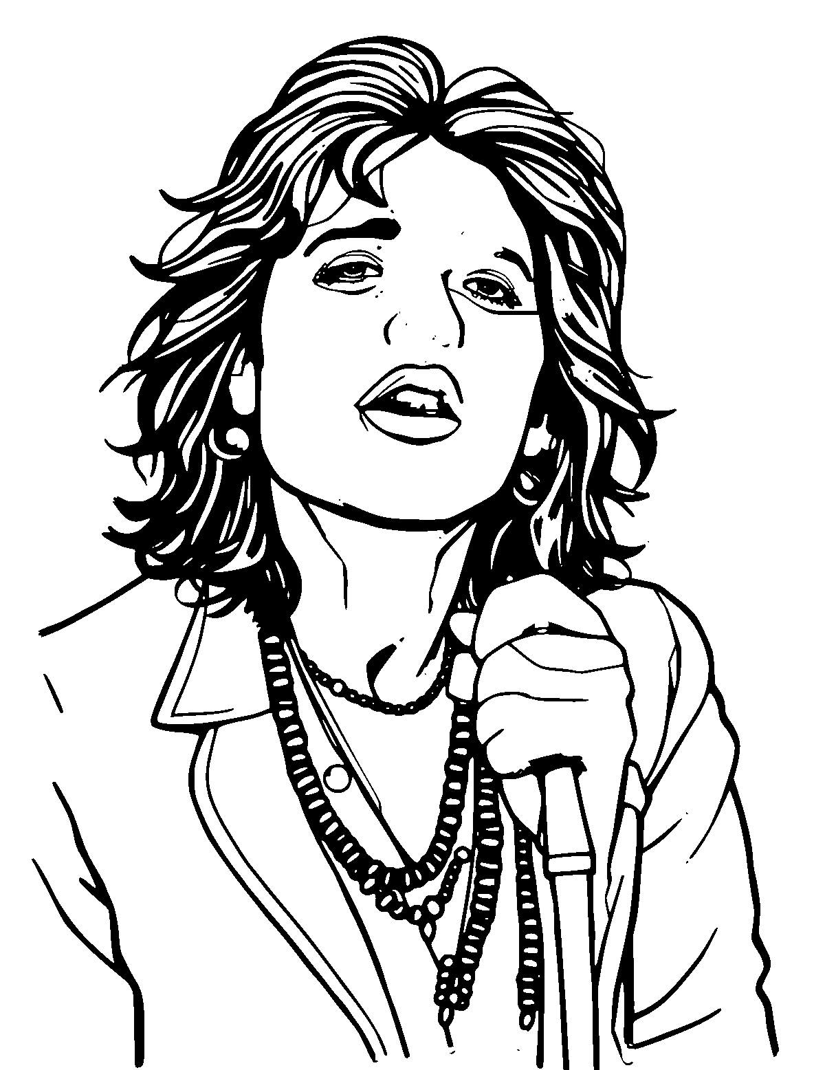 Line-art coloring page of Stevie Nicks, thick outlines, centered