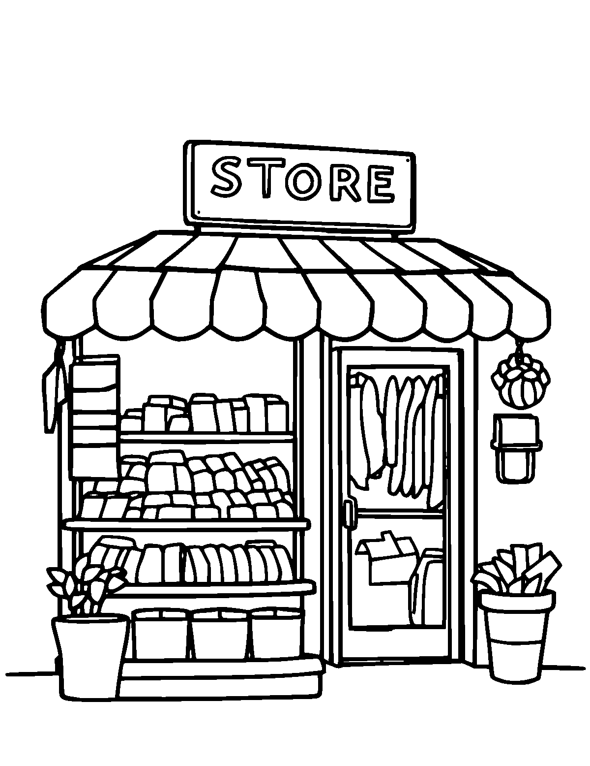 Line-art coloring page of Store, medium outlines, centered