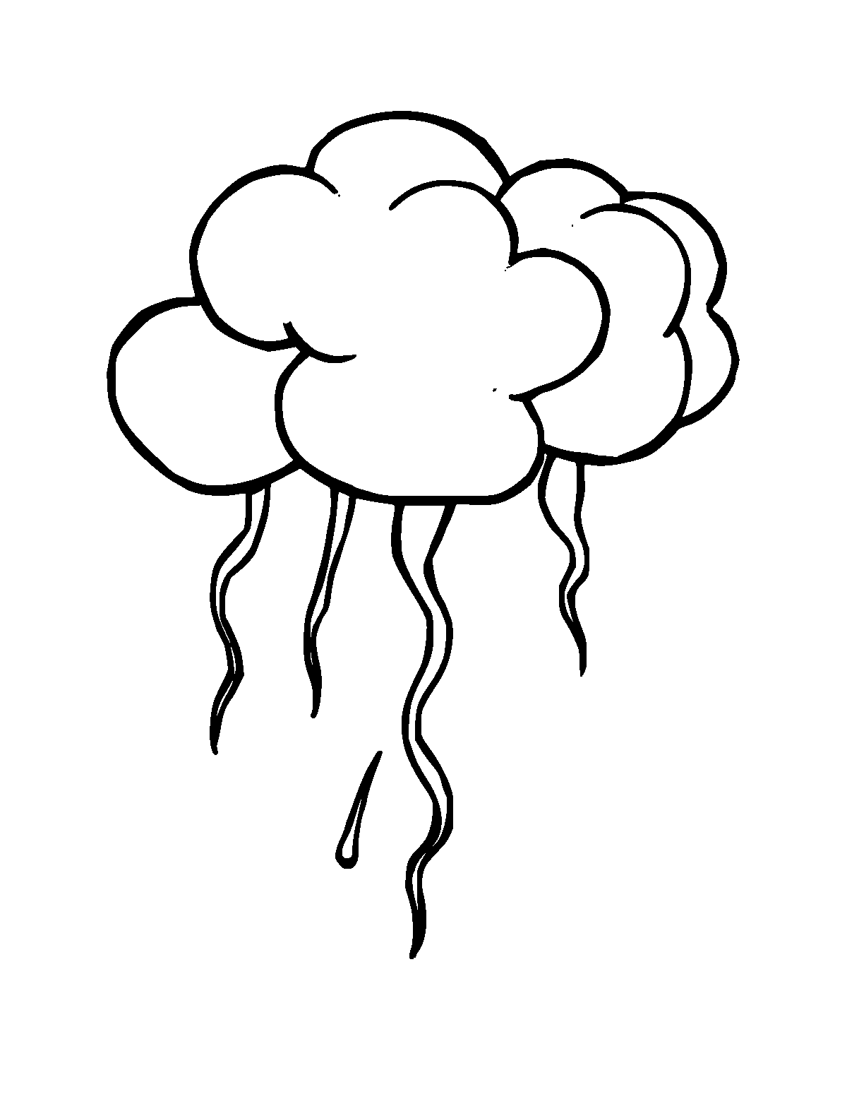 Line-art coloring page of Storm Cloud, thick outlines, centered