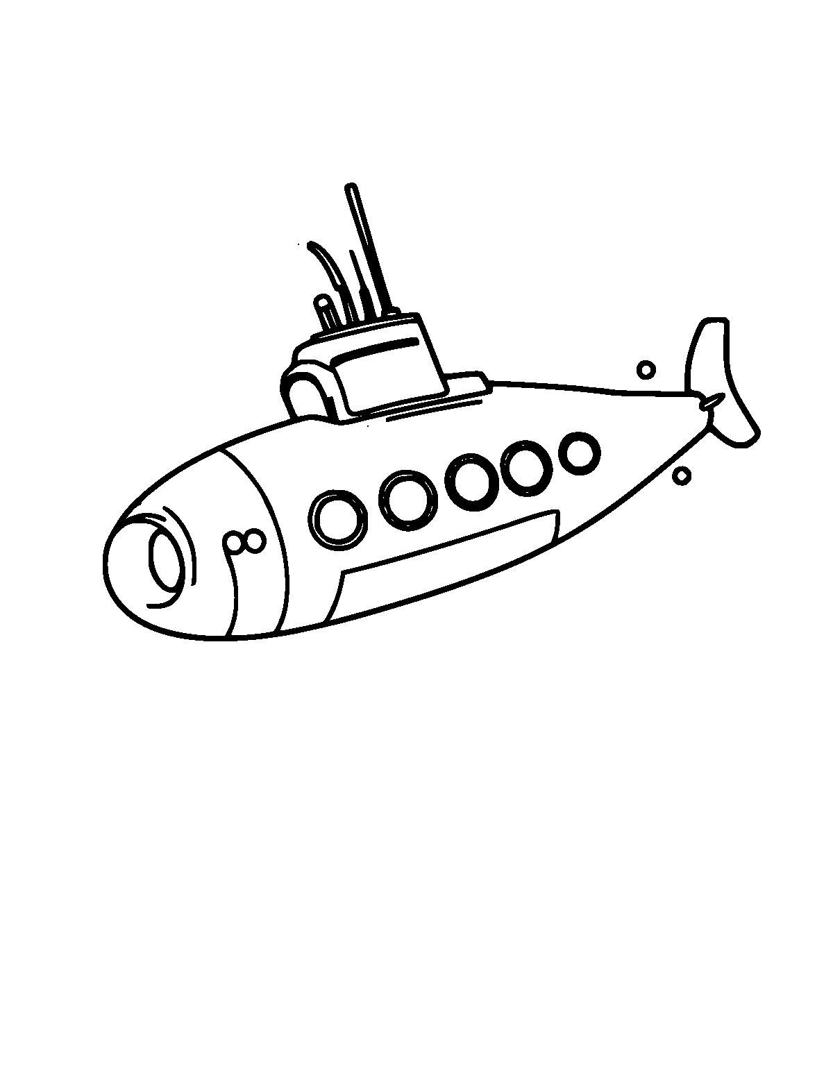 Line-art coloring page of Submarine, medium outlines, centered