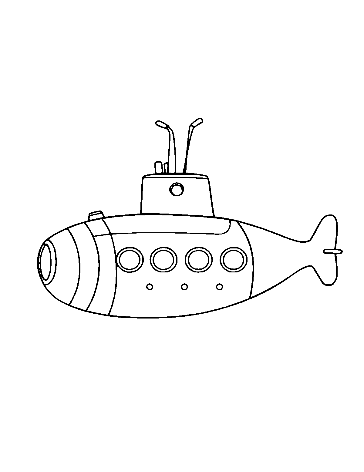 Line-art coloring page of Submarine, medium outlines, centered