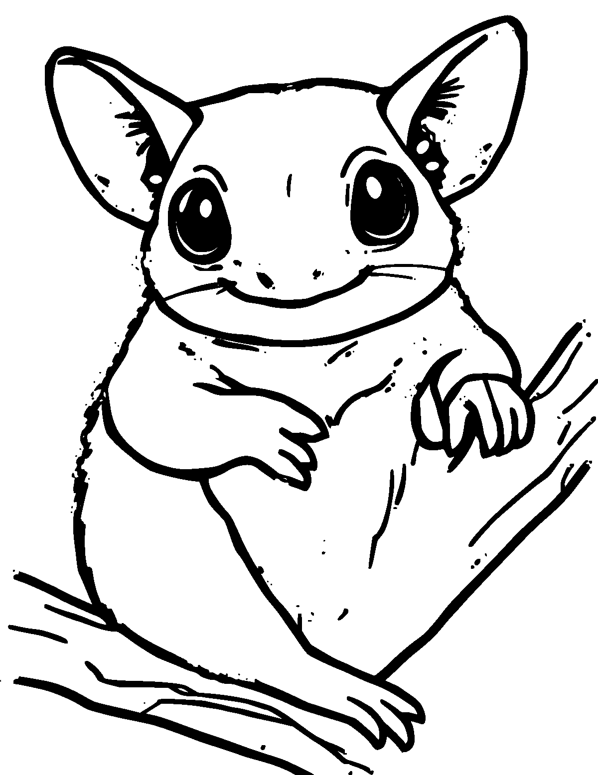 Line-art coloring page of Sugar Glider, thick outlines, centered