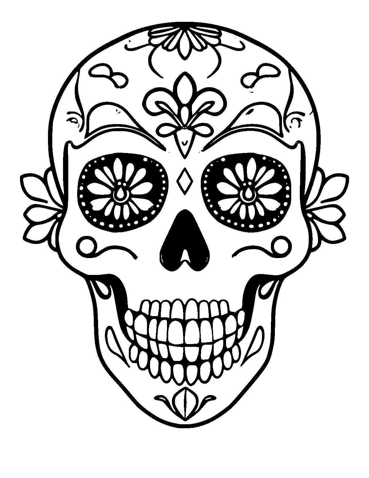 Line-art coloring page of Sugar Skull, thick outlines, centered