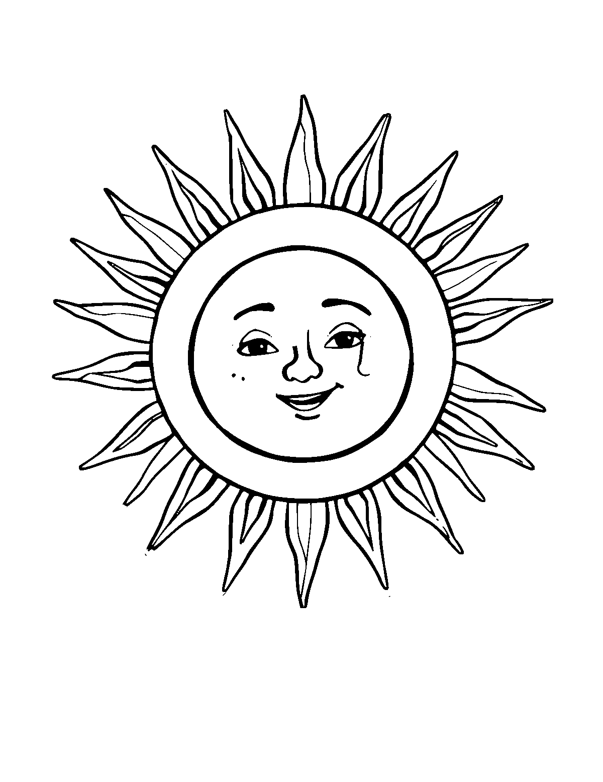Line-art coloring page of Sun, medium outlines, centered