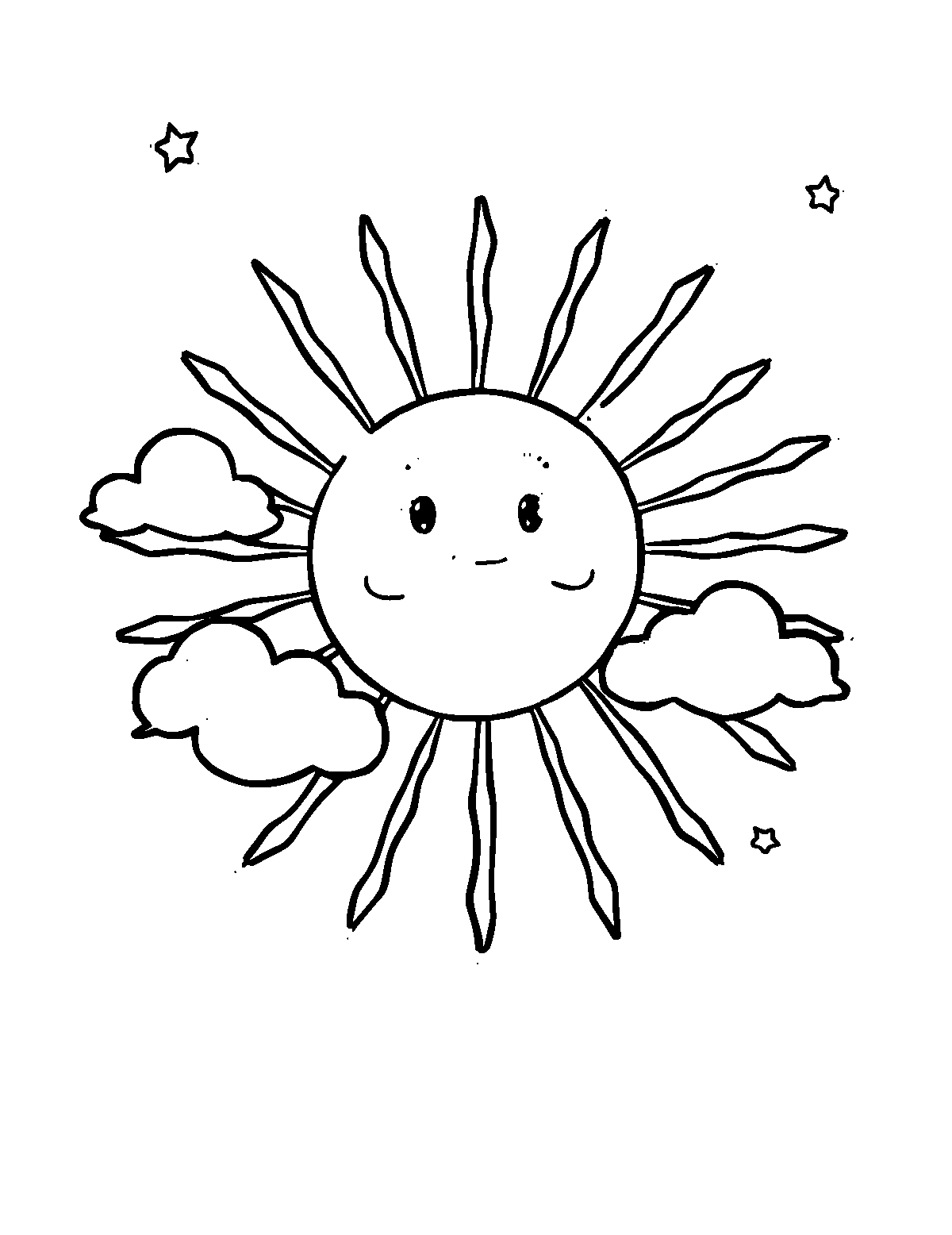 Line-art coloring page of Sun With Clouds, medium outlines, centered