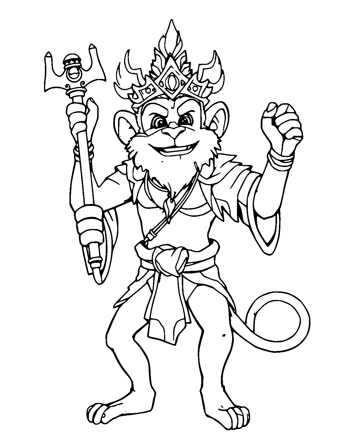 Line-art coloring page of Sun Wukong the Monkey King, medium outlines, centered