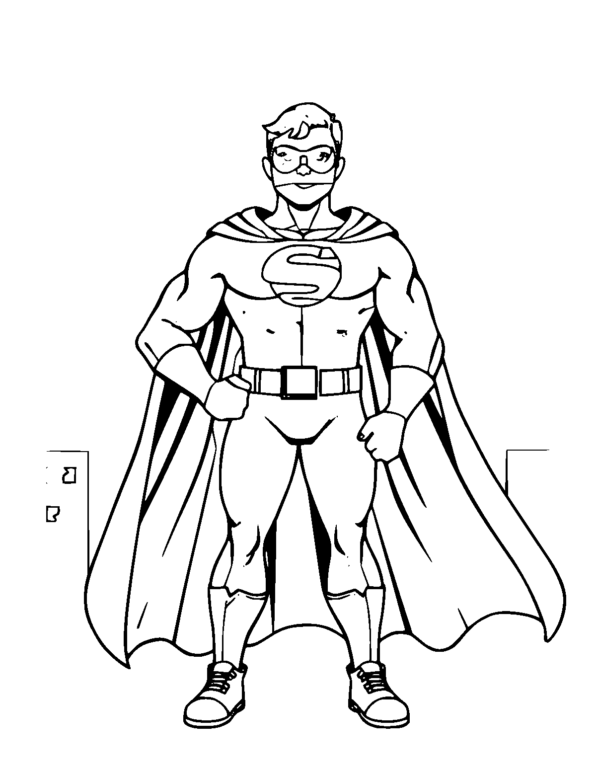 Line-art coloring page of Superhero, medium outlines, centered
