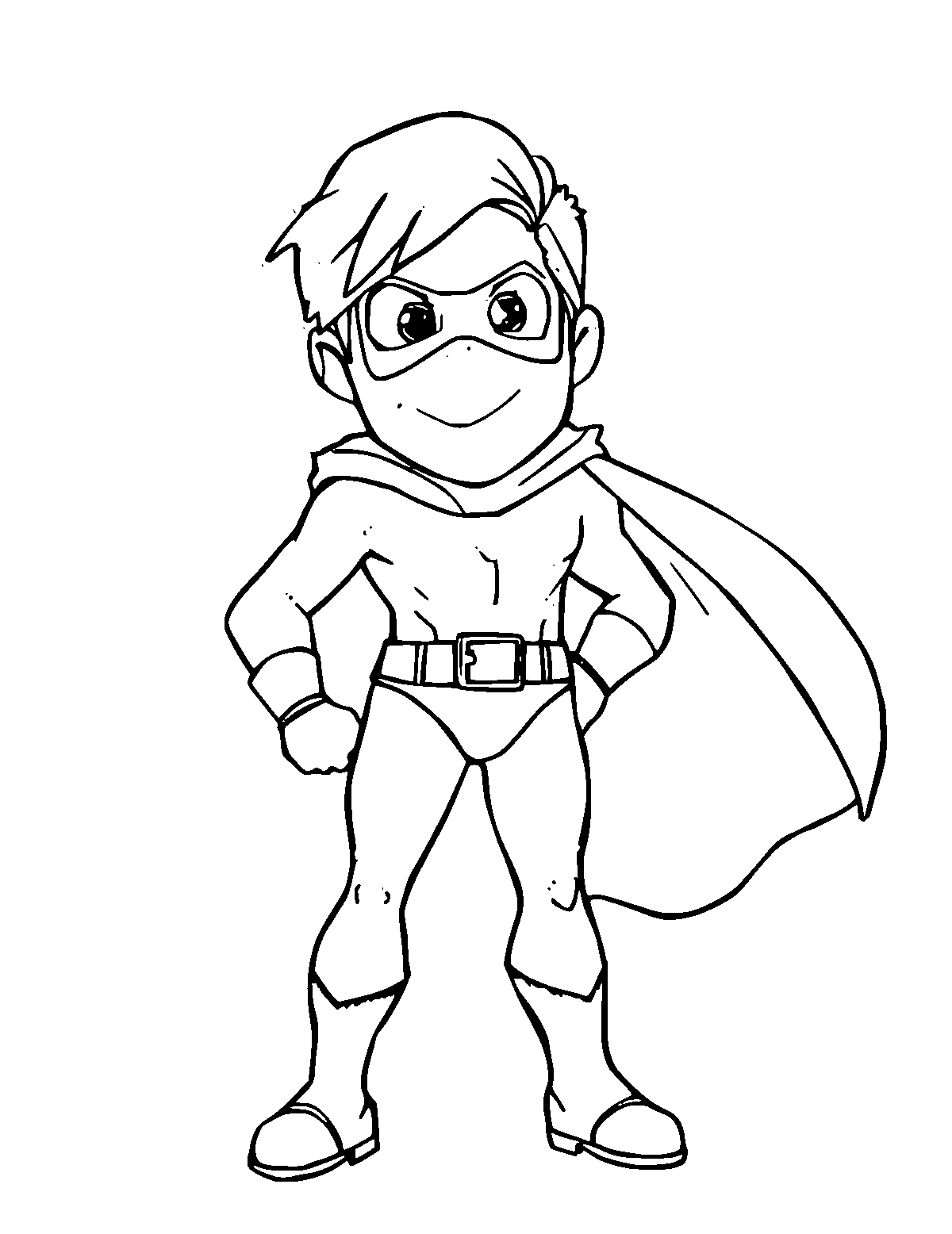 Line-art coloring page of Superhero, medium outlines, centered