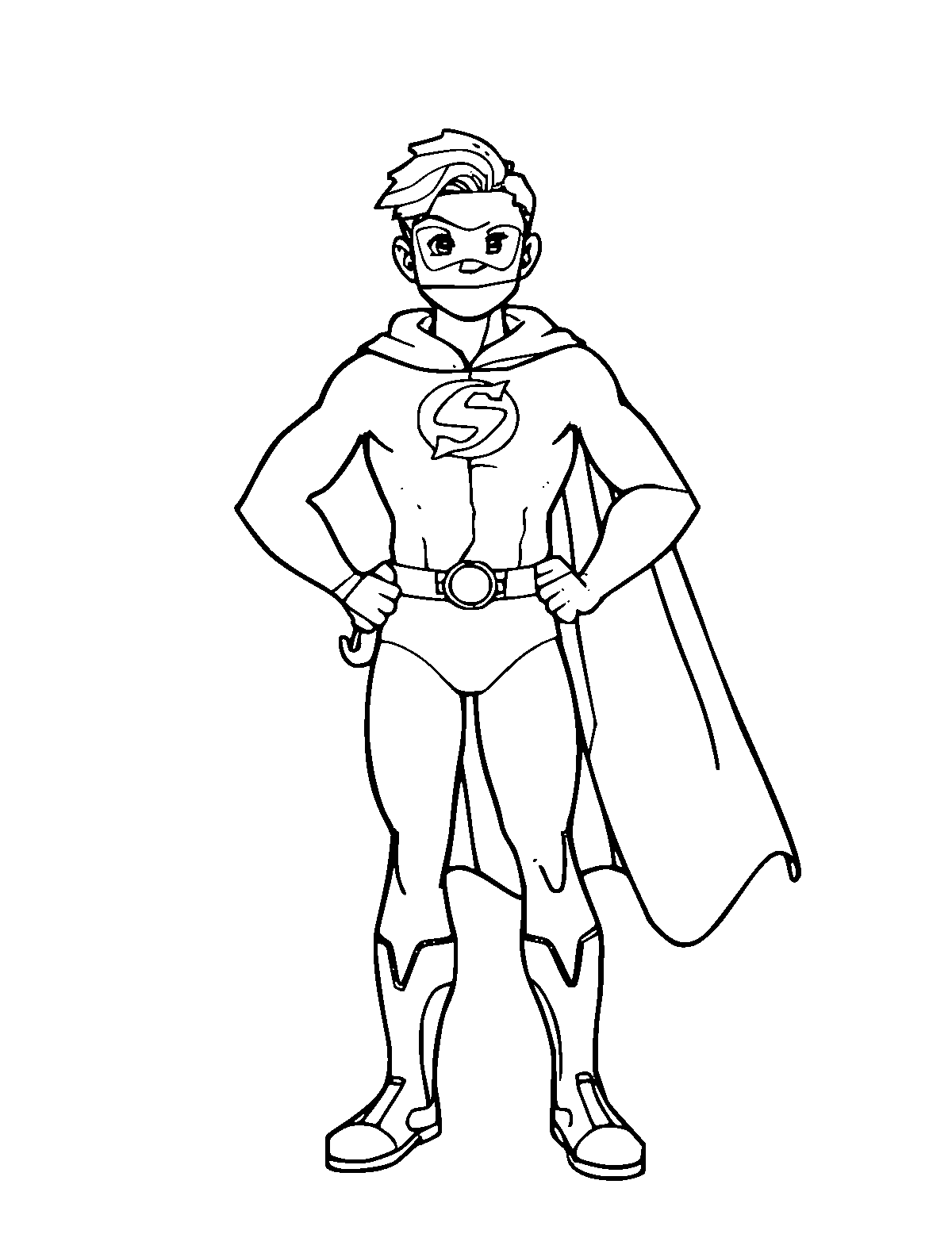 Line-art coloring page of Superhero, medium outlines, centered