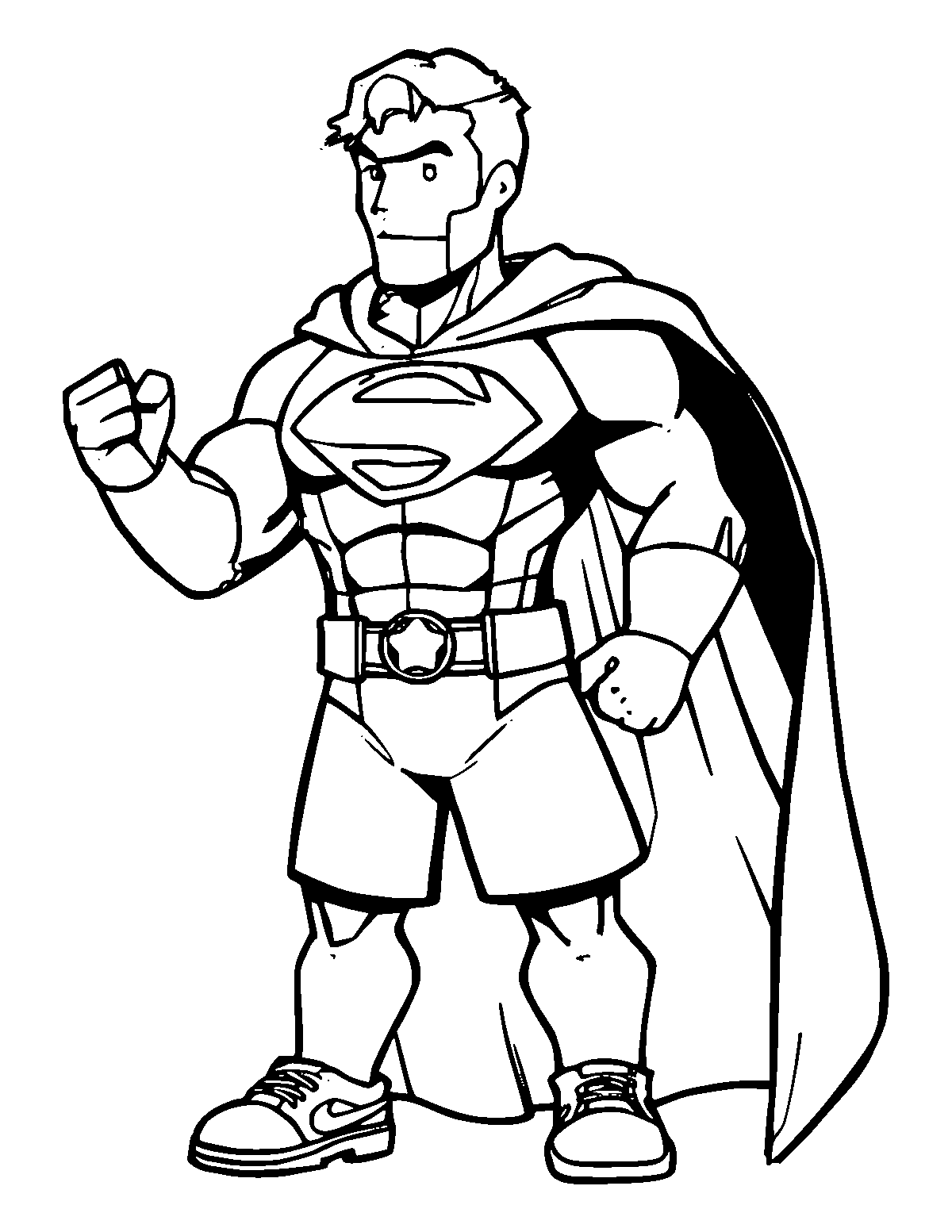 Line-art coloring page of Superhero, medium outlines, centered
