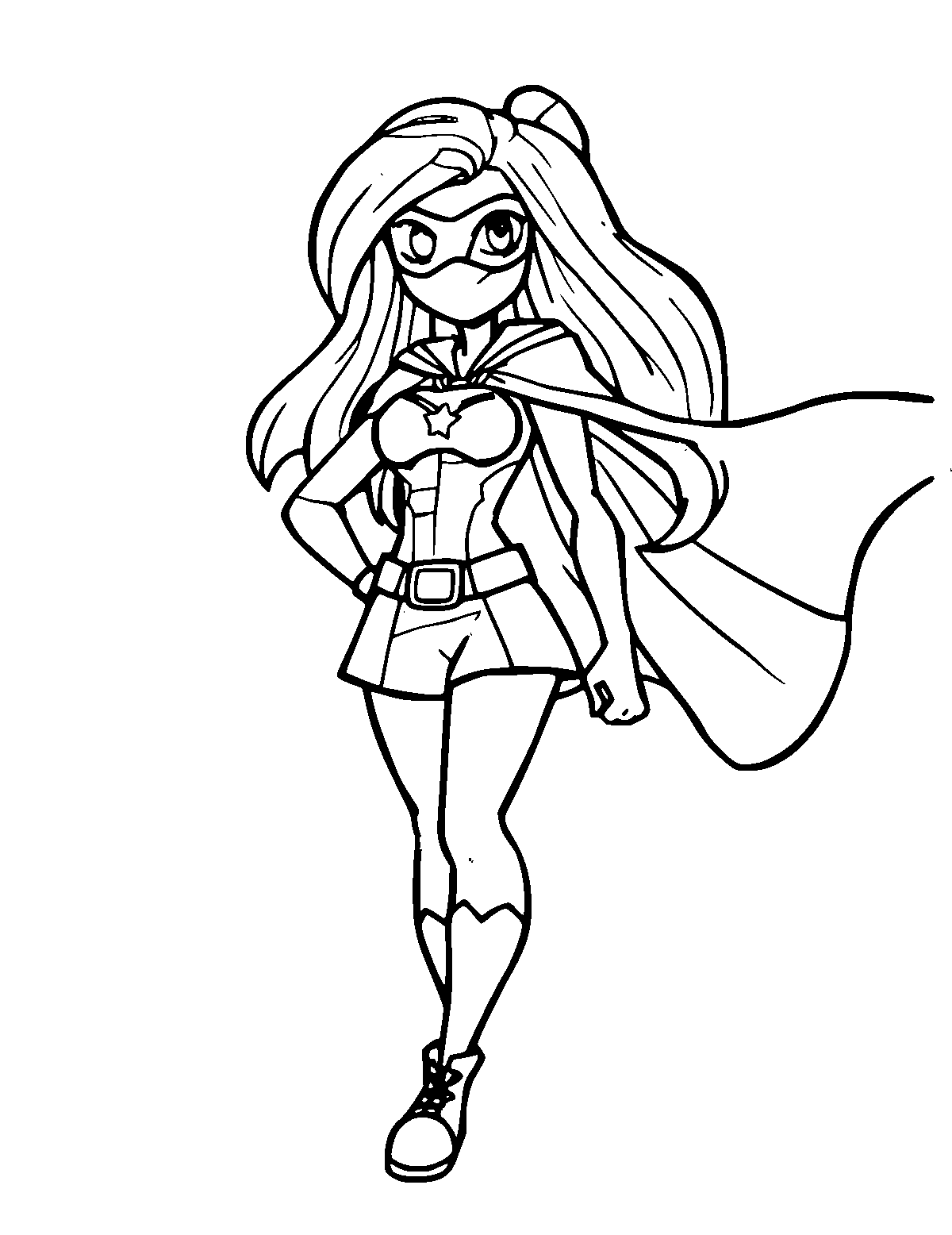 Line-art coloring page of Superhero Girl, medium outlines, centered