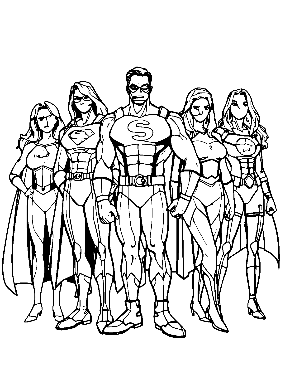 Line-art coloring page of Superhero Team, medium outlines, centered