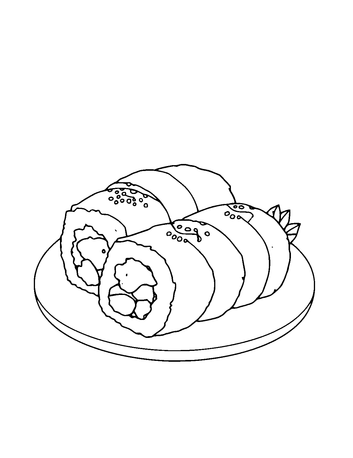 Line-art coloring page of Sushi Platter, medium outlines, centered