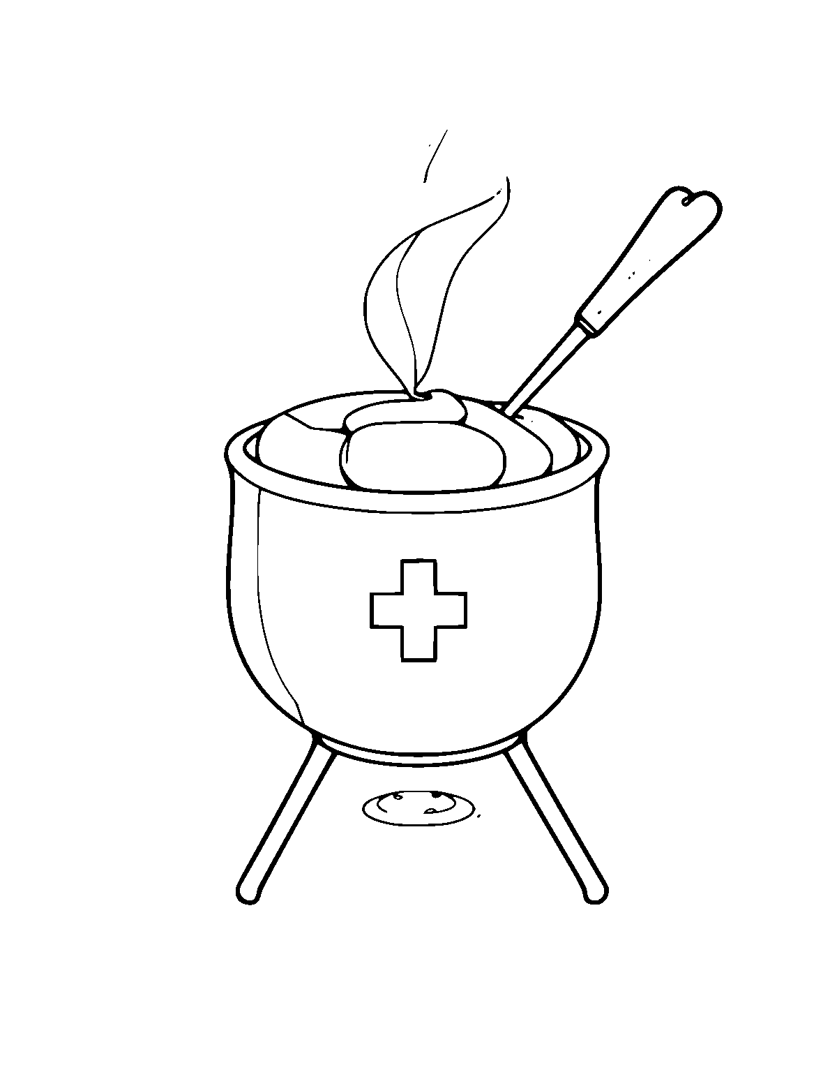 Line-art coloring page of Swiss Fondue, medium outlines, centered