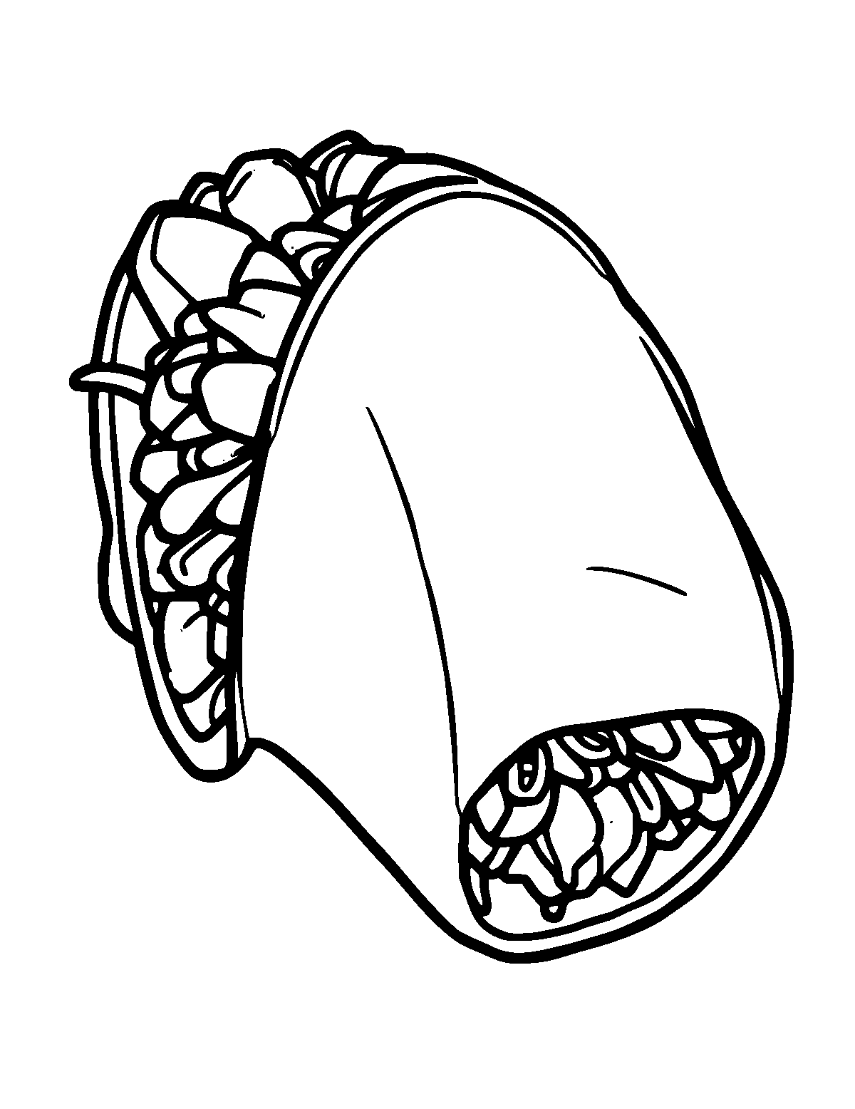 Line-art coloring page of Taco, thick outlines, centered