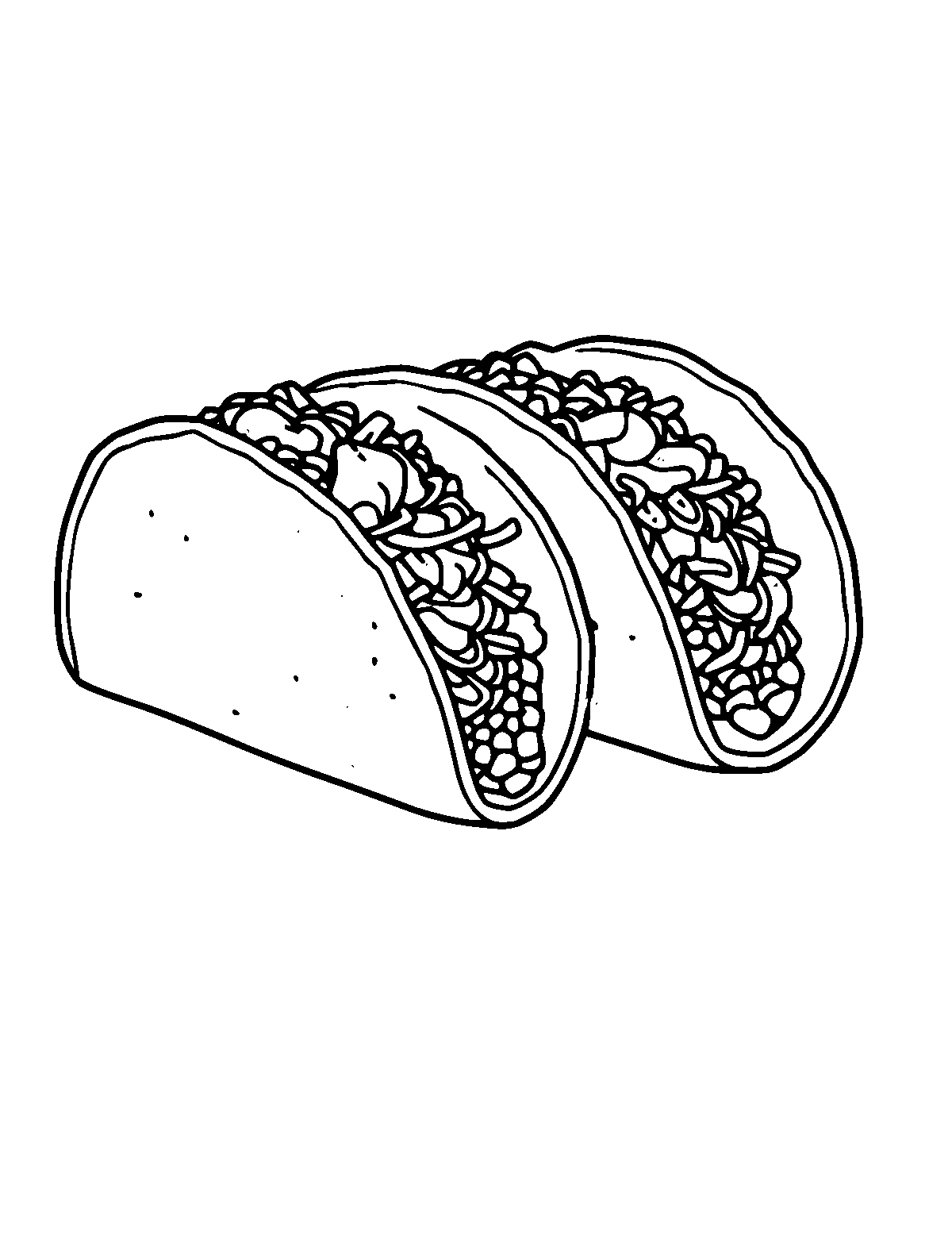 Line-art coloring page of Tacos, medium outlines, centered