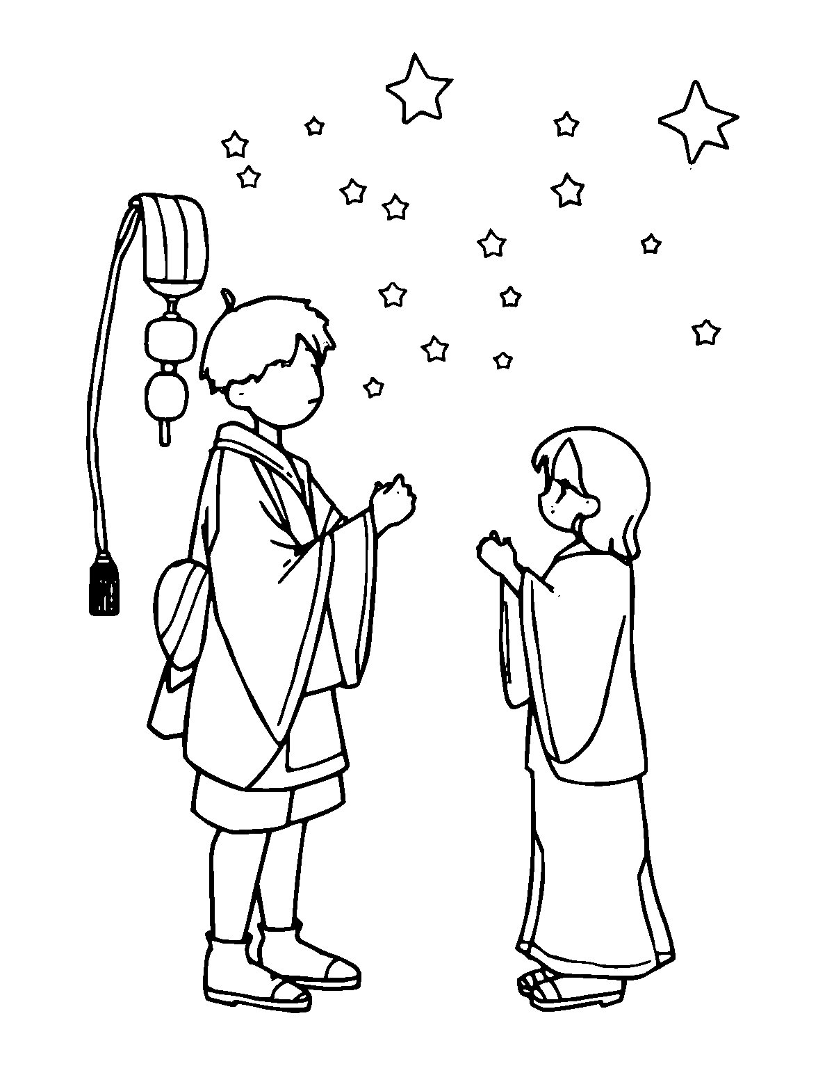Line-art coloring page of Tanabata Star Festival, medium outlines, centered