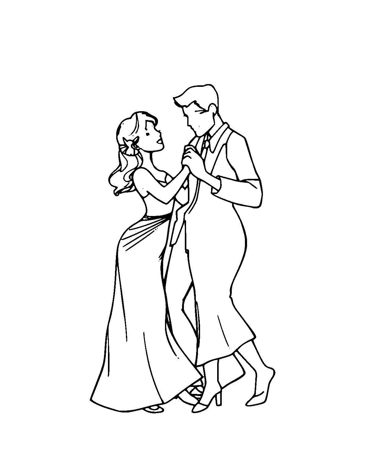 Line-art coloring page of Tango Dancers, medium outlines, centered
