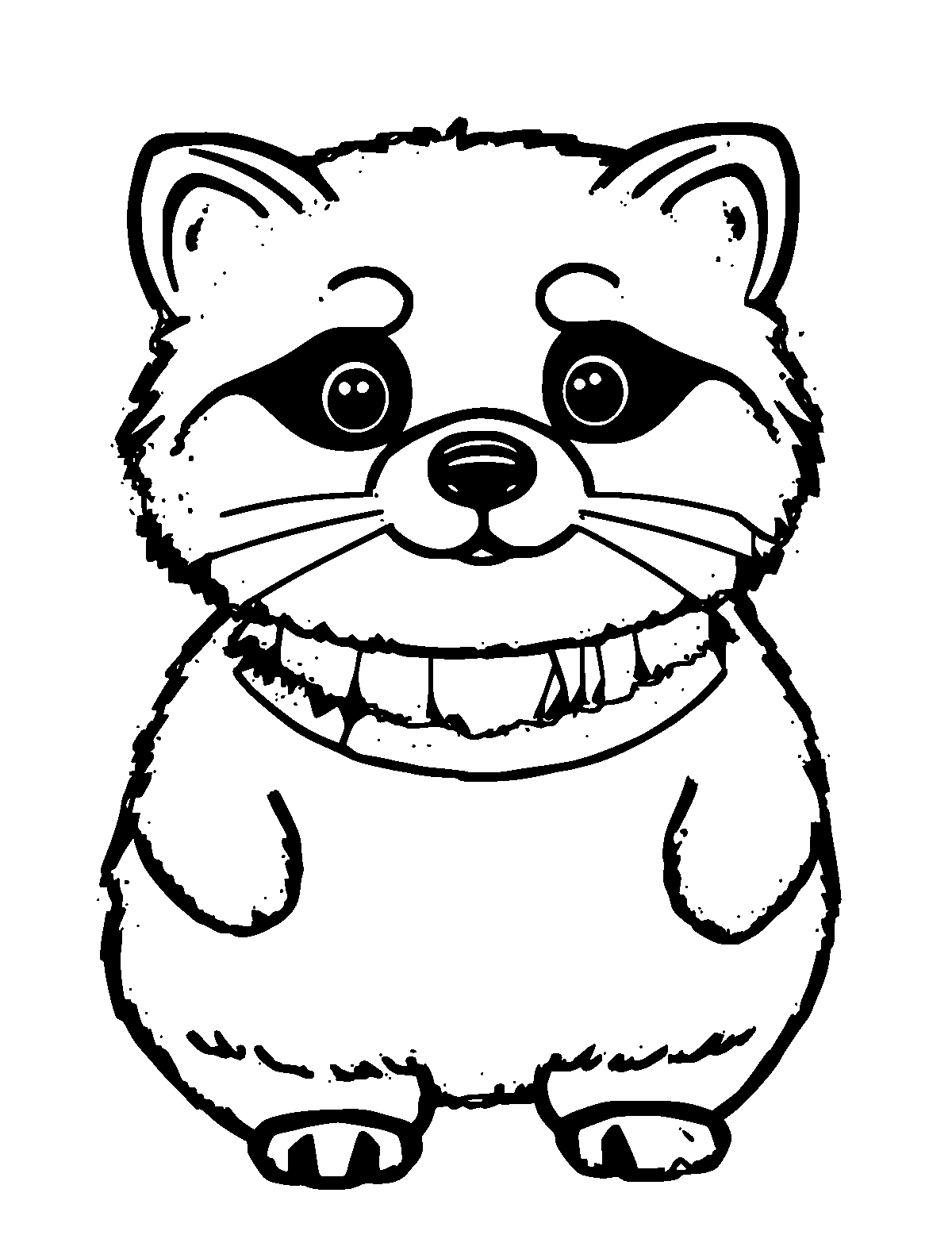 Line-art coloring page of Tanuki, thick outlines, centered