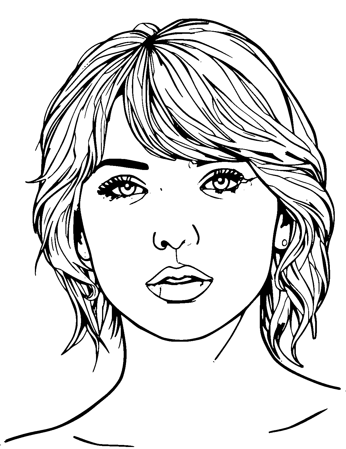 Line-art coloring page of Taylor Swift, medium outlines, centered