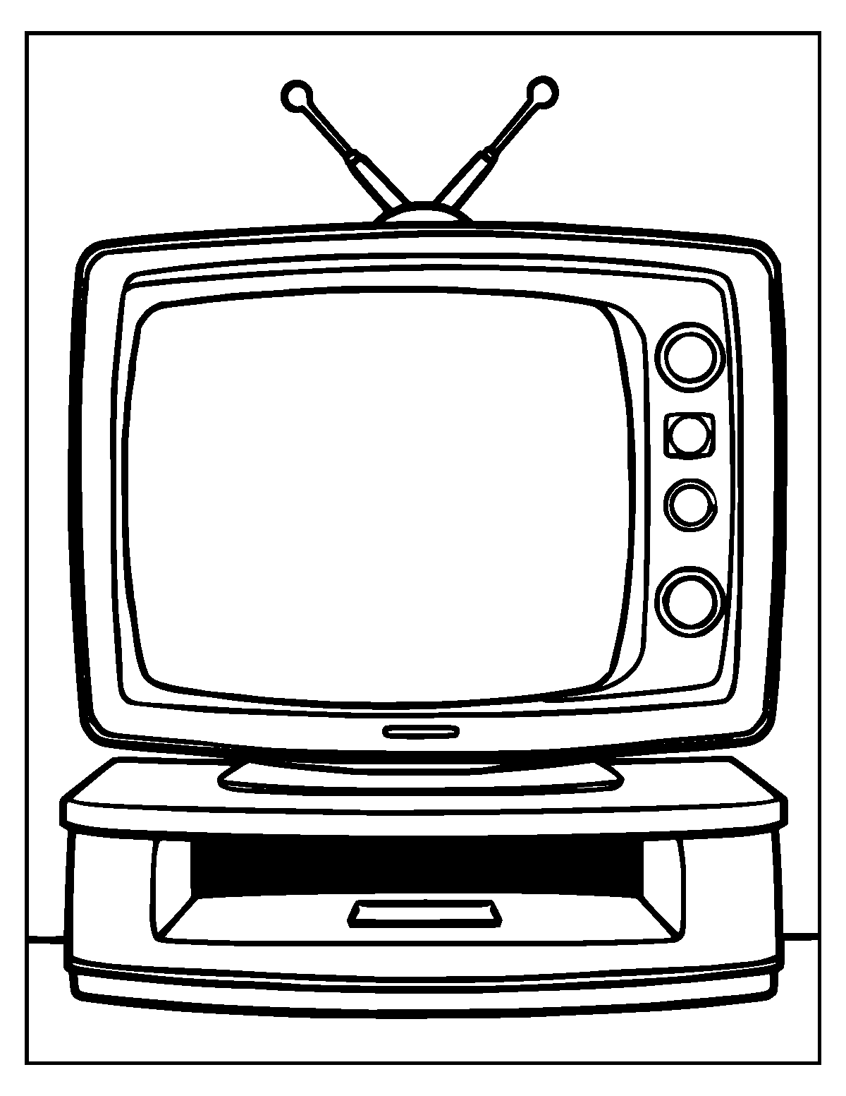 Line-art coloring page of Television Set, thick outlines, centered