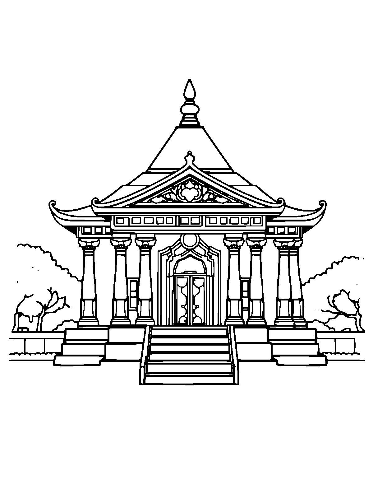Line-art coloring page of Temple, medium outlines, centered