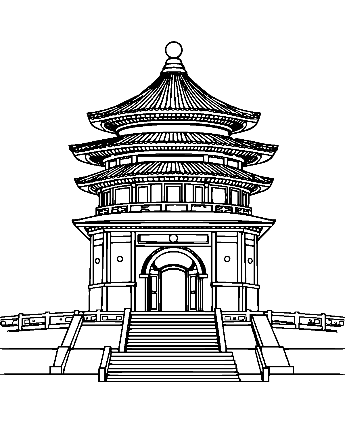 Line-art coloring page of Temple of Heaven, medium outlines, centered
