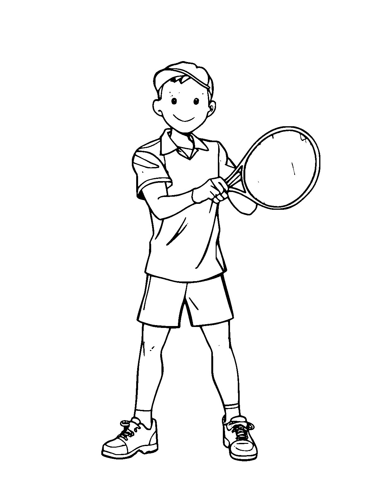 Line-art coloring page of Tennis Player, medium outlines, centered