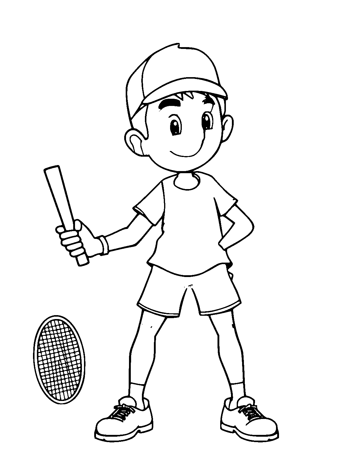 Line-art coloring page of Tennis Player, medium outlines, centered