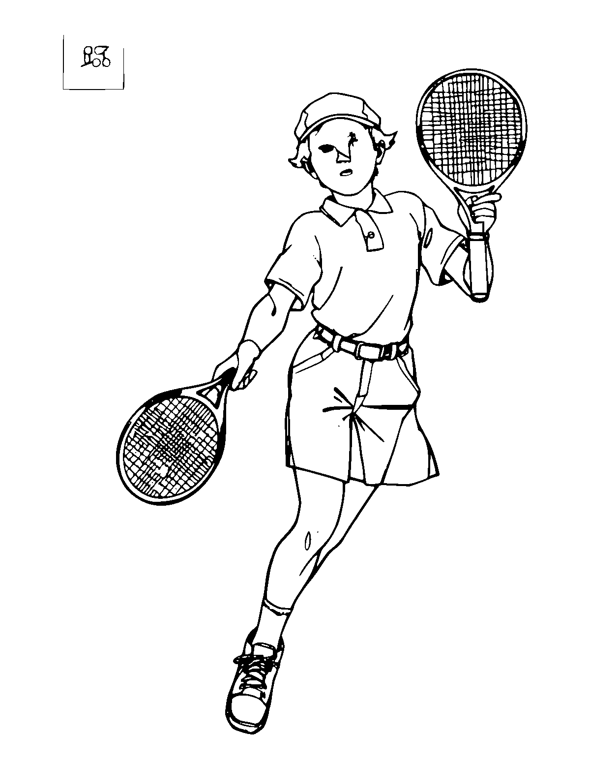 Line-art coloring page of Tennis Player, medium outlines, centered