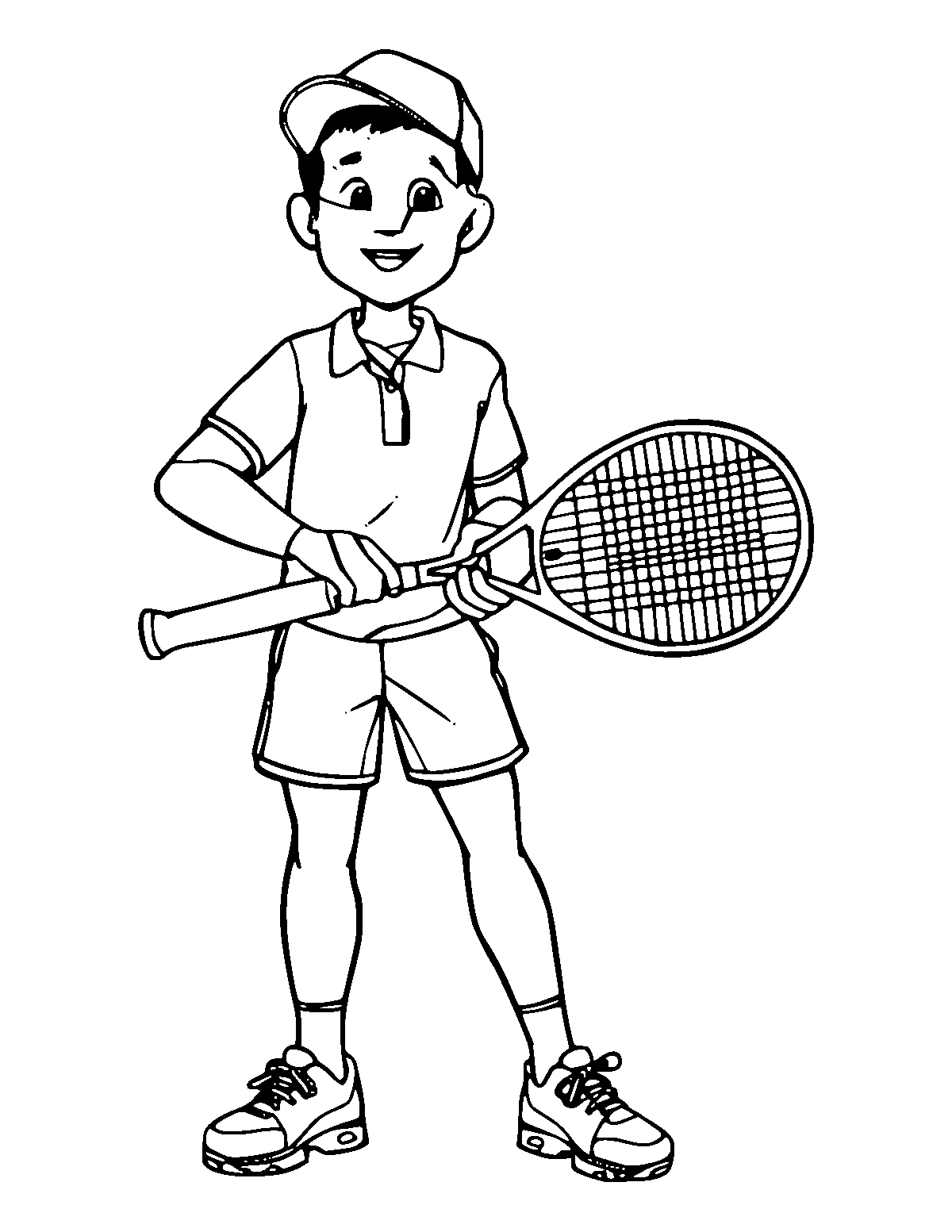 Line-art coloring page of Tennis Player, medium outlines, centered