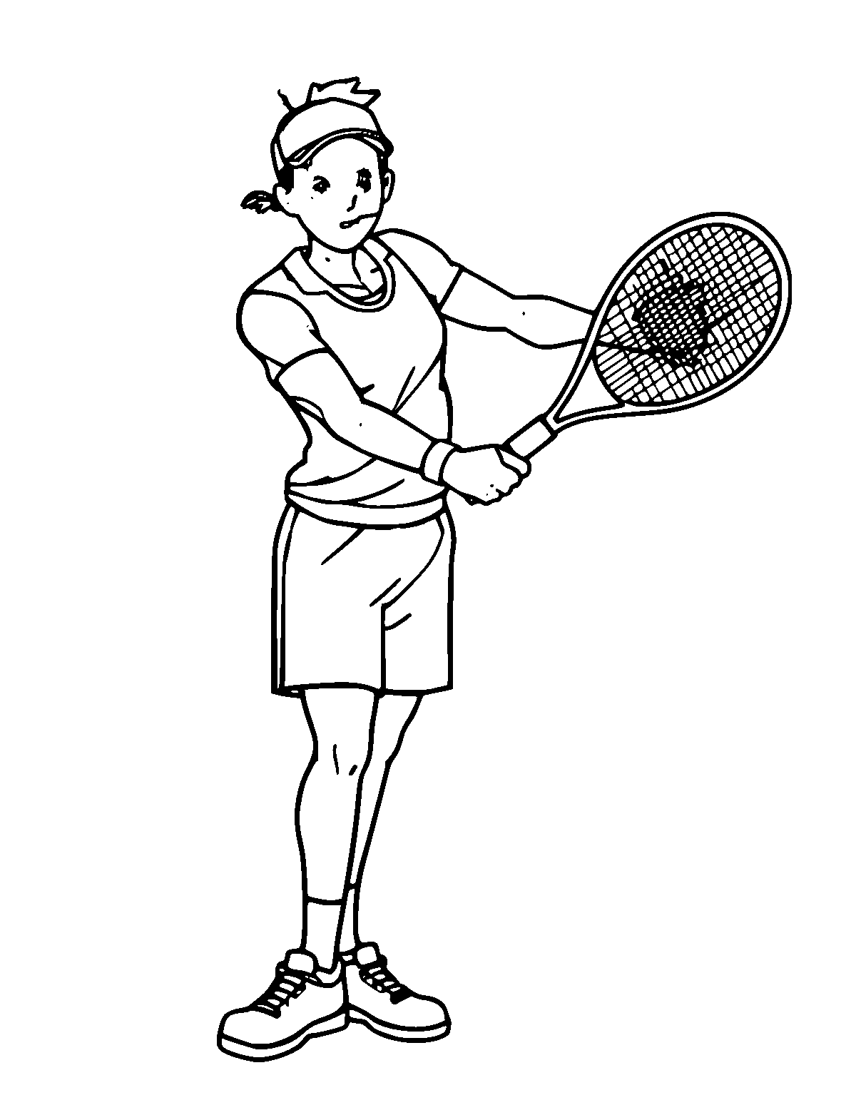 Line-art coloring page of Tennis Player, medium outlines, centered
