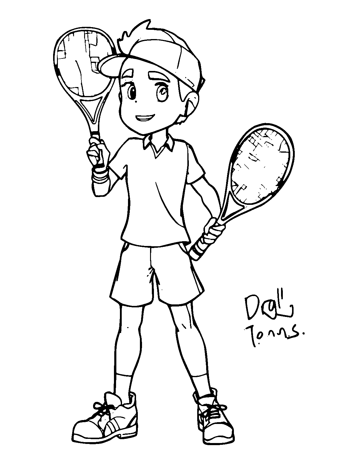 Line-art coloring page of Tennis Player, medium outlines, centered