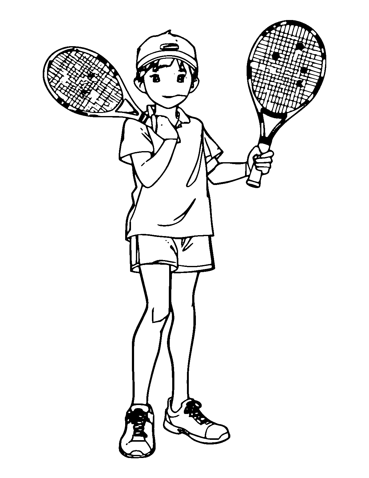Line-art coloring page of Tennis Player, medium outlines, centered