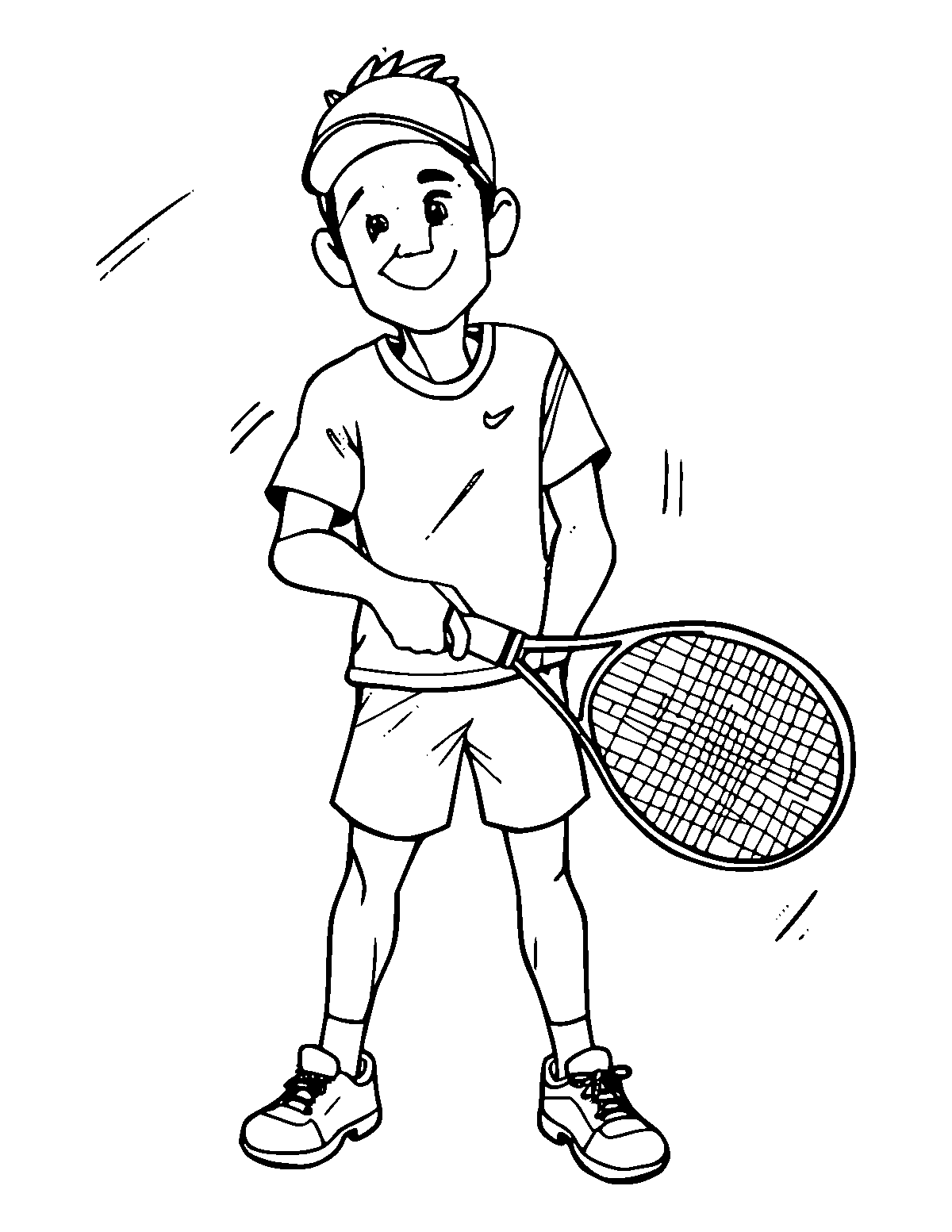 Line-art coloring page of Tennis Player, medium outlines, centered