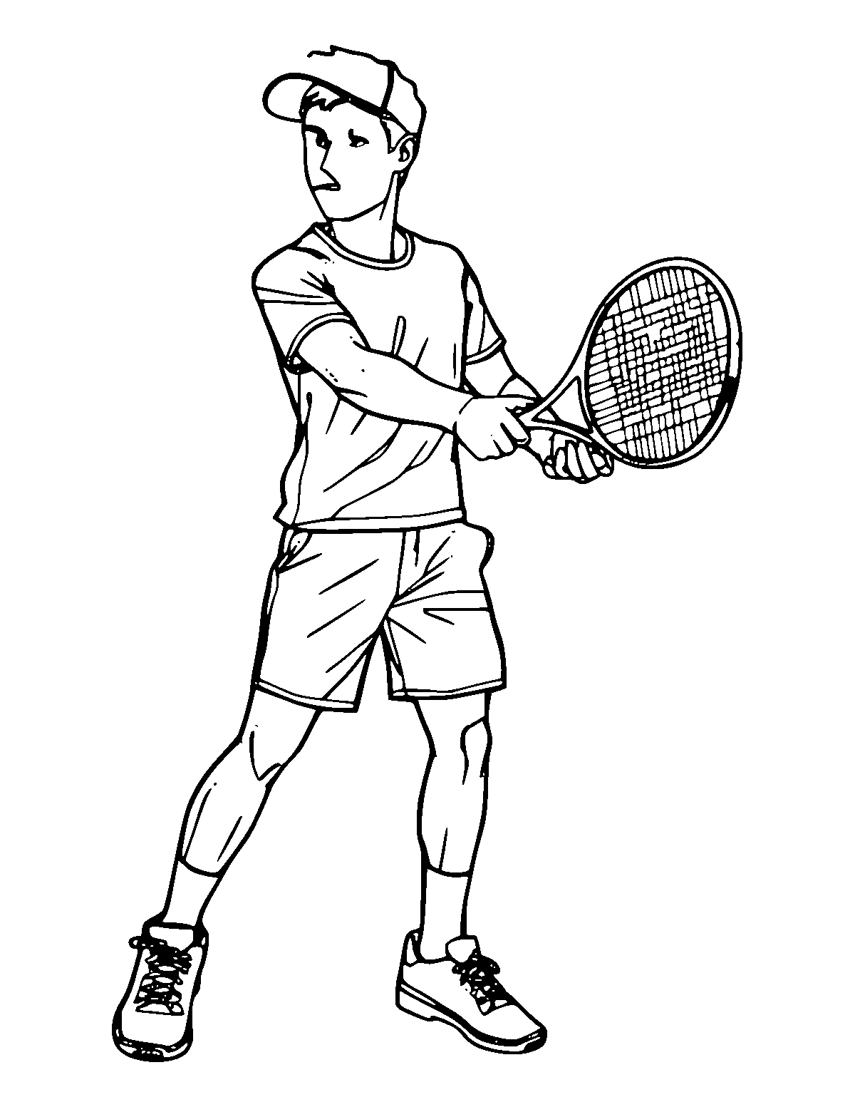 Line-art coloring page of Tennis Player, medium outlines, centered